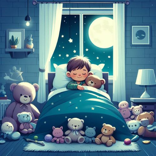 Bedtime Story: Let's Snooze and Dream - A Magical Adventure for Kids" Meta Description: "Illustration of a cozy bedroom scene with a child tucked into bed, surrounded by stuffed animals and toys, ready for a peaceful night's sleep. Join Benny on a magical adventure in dreamland with this heartwarming bedtime story!