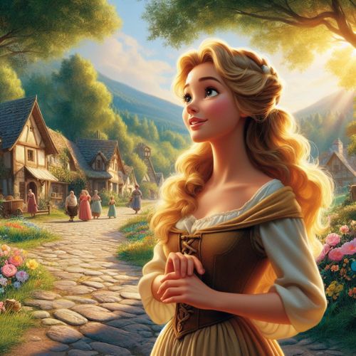 A digital painting depicting Beauty and the Beast standing in a moonlit courtyard surrounded by roses.