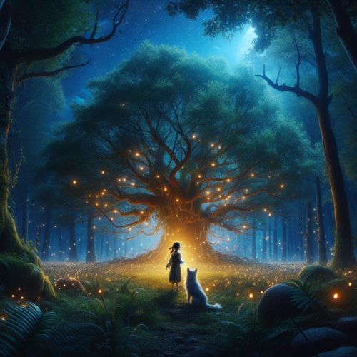 A young girl named Ava stands in awe before the majestic Tree of Wishes in the enchanted Forest of Whispers, accompanied by her loyal dog Luna.